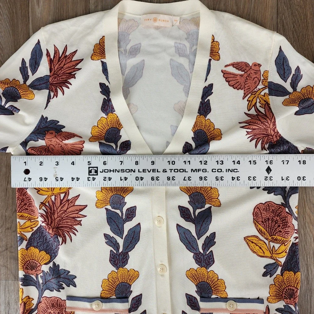 Tory Burch Women Ivory Floral Bird Print Button Front Cardigan Sweater Medium